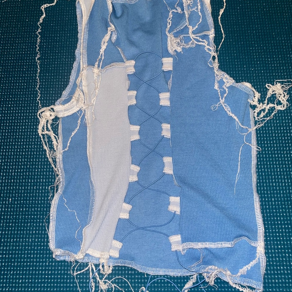 Blue and White Distressed Knit Top